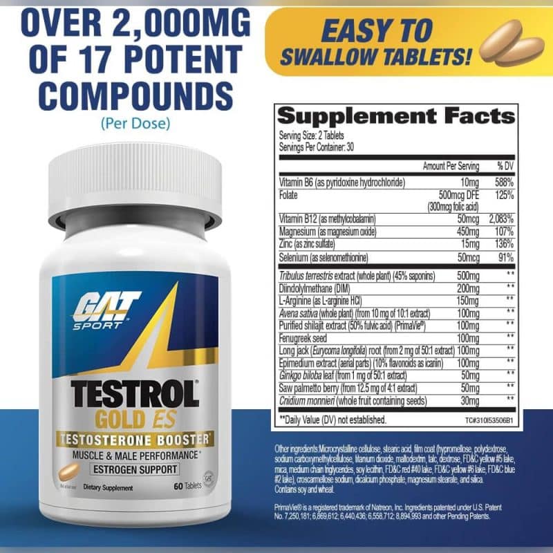 GAT SPORT Testrol Gold ES, Tribulus, DIM, Zinc, Longjack, Fenugreek, Saw Palmetto, Estrogen Balance, 60 Tablets - Image 2