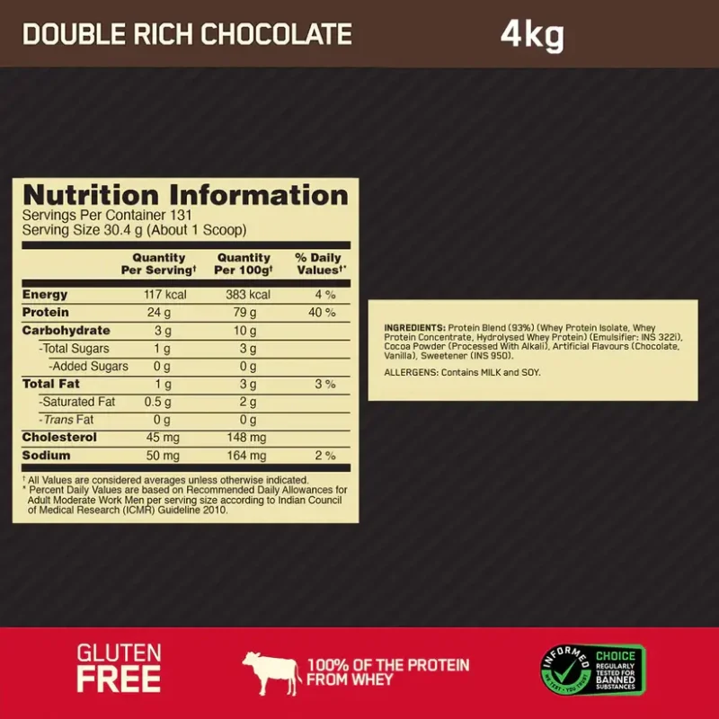 Optimum Nutrition (ON) Gold Standard 100% Whey Protein Powder 4 kg (Double Rich Chocolate) - Image 2