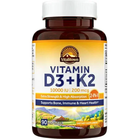 Vitalitown Vitamin D3 + K2 – 10,000 IU (90 Veggie Softgels)